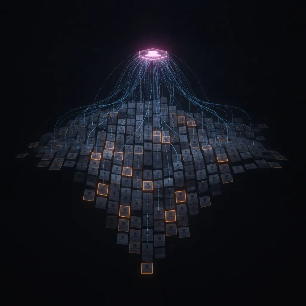 Cascading indigo grid of 340 dim candidate profile cards suspended in dark space with only fourteen glowing amber along the edges, thin blue data threads rising to a single pink hexagonal decision node above the lattice