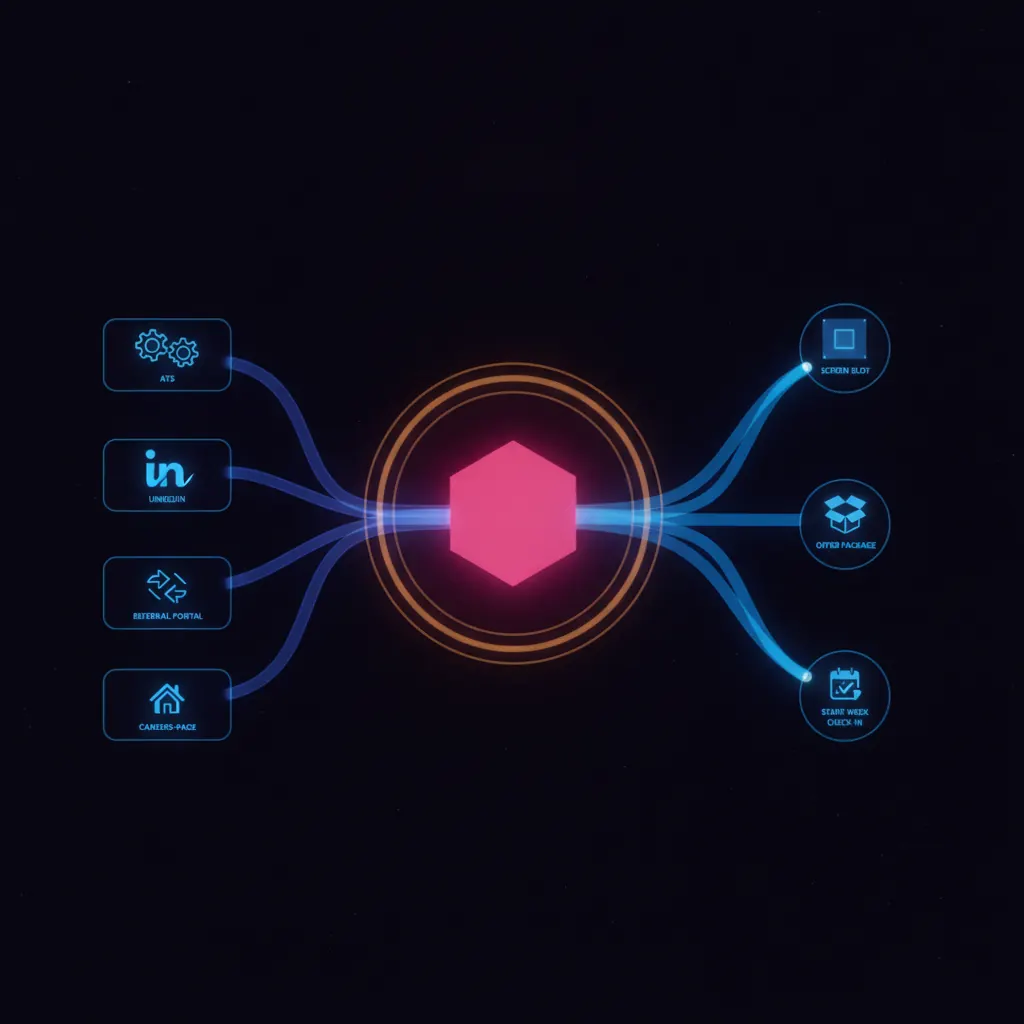 Central pink hexagonal agent core pulling translucent indigo candidate streams from four labeled source panels on the left, refining them through an amber synthesis ring, and pushing blue ribbon flows to three lit destination nodes on the right