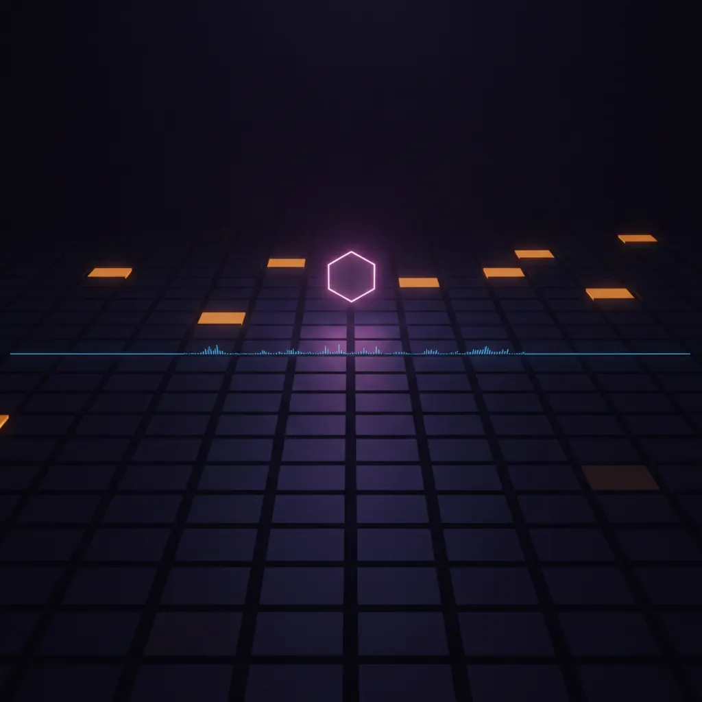 Dim indigo grid of 340 content-card tiles receding into black space with fourteen glowing amber near the top, a flatlining blue traffic-graph ribbon threading across the middle, one pink hexagonal search node hovering above