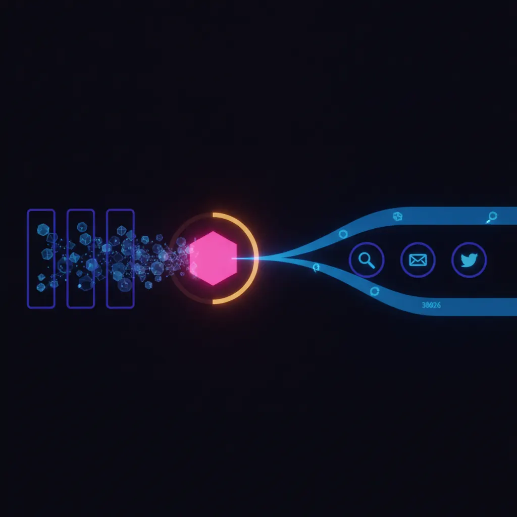 Central pink hexagonal agent core pulling translucent indigo topic-cluster streams from four labeled input panels on the left, refining them through an amber synthesis ring, and pushing blue ribbon flows of published-post icons to three lit destination nodes on the right
