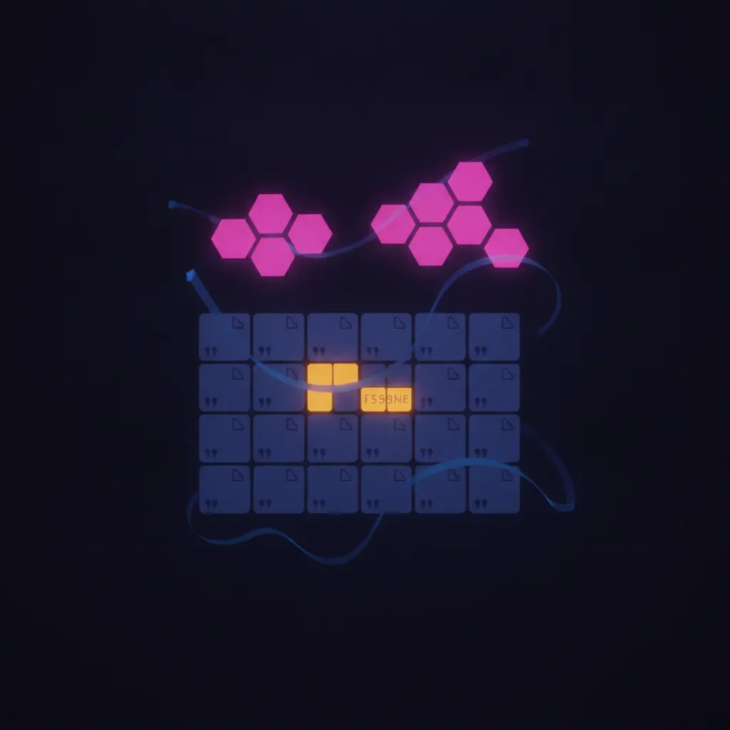 Dim indigo grid of 34 suspended quote-document tiles in dark space with four glowing amber tiles stuck near the middle, twelve pink hexagonal approval nodes floating above the grid, thin blue discount-percentage ribbons trailing through empty space
