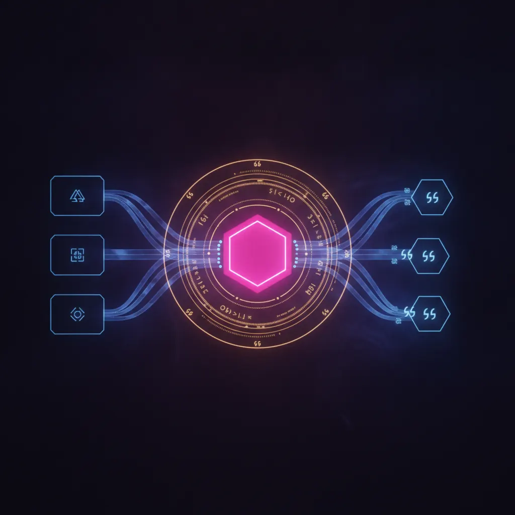 Central pink hexagonal agent core pulling translucent indigo contract streams from four labeled input panels on the left, refining them through an amber synthesis ring showing pricing calculation geometry, and pushing blue ribbon flows of stamped quote icons to three lit destination nodes on the right