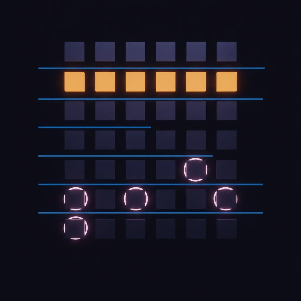 Dim indigo grid of 47 floating contract tiles with twelve glowing amber at the top, nine tiles below wrapped in faint pink risk halos, thin blue timeline ribbons cutting across marking Q4 renewal dates