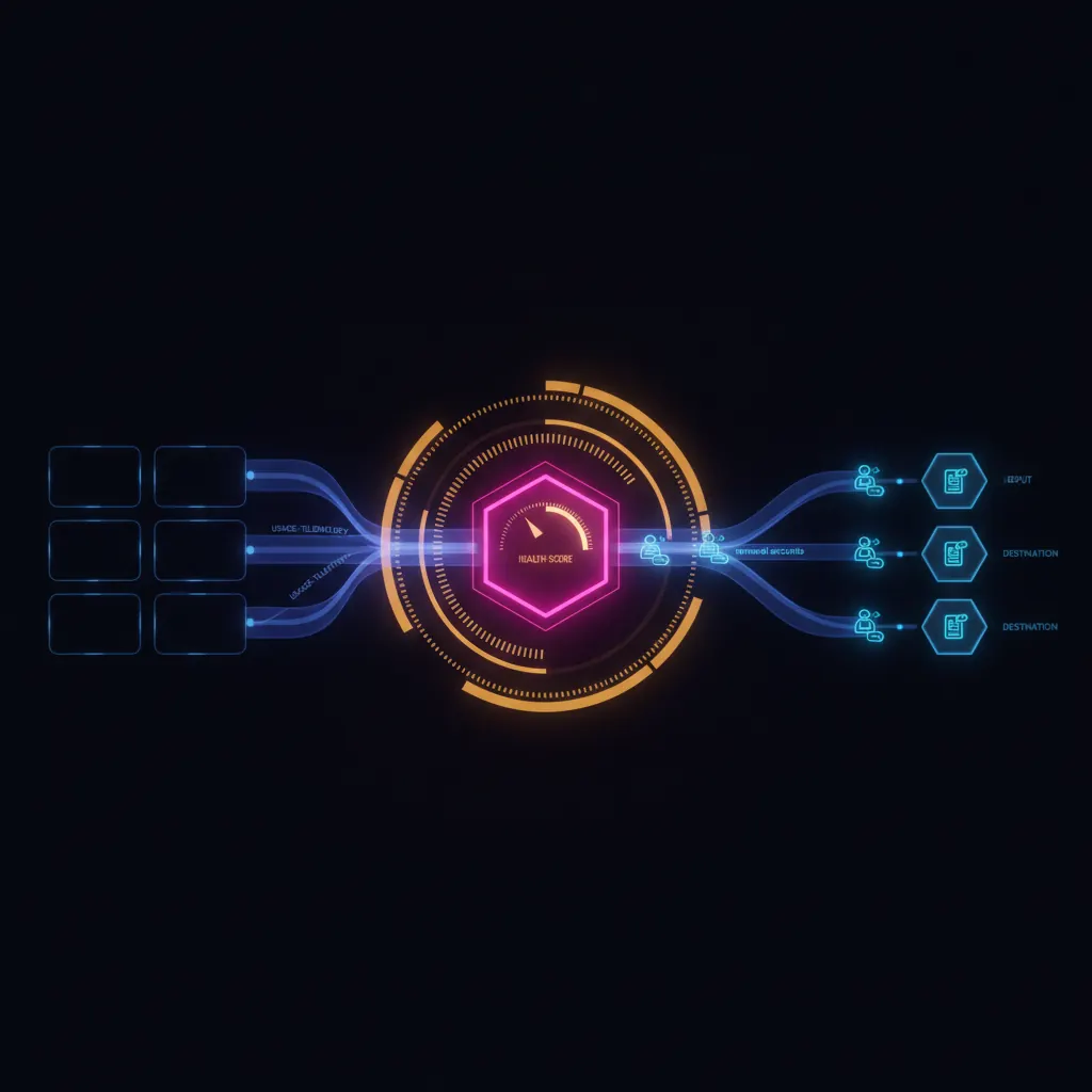 Central pink hexagonal agent core pulling translucent indigo usage-telemetry streams from four labeled input panels, refining through an amber health-score dial ring, pushing blue ribbon flows of tagged renewal-account icons to three lit destination nodes