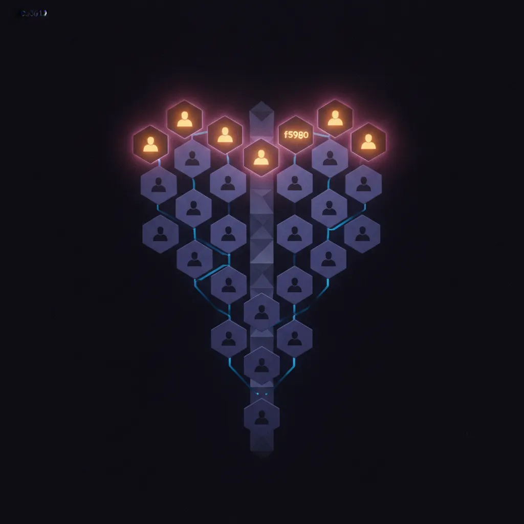 Dim indigo grid of 47 suspended partner deal registration tiles in dark space with nine glowing amber at the top of a loose funnel wrapped in faint pink outreach halos and thin blue co-sell ribbons trailing between the rest