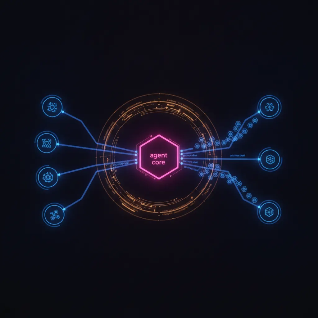 Central pink hexagonal agent core pulling translucent indigo partner data streams from four labeled input panels, refining through an amber co-sell routing ring, pushing blue ribbon flows of stamped partner deal icons to three lit destination nodes