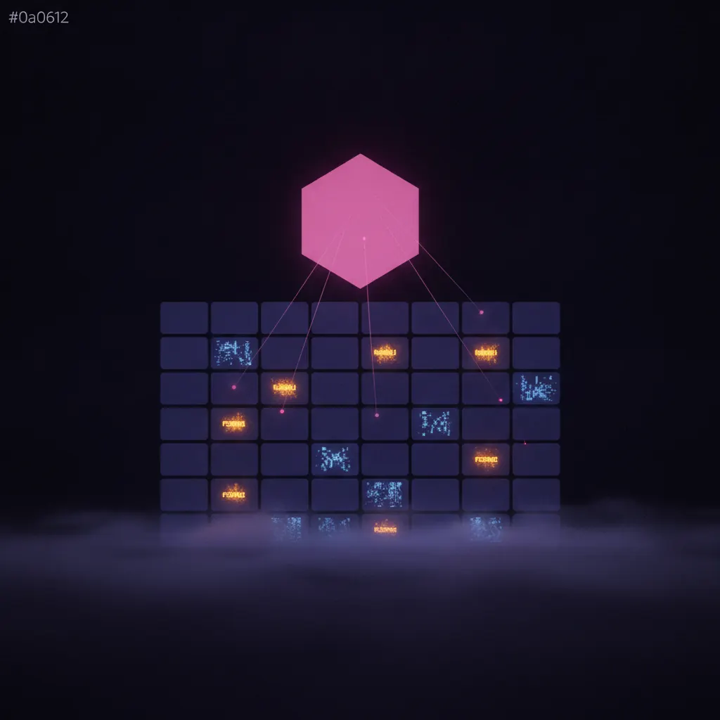 Dim indigo grid of 47 translucent dashboard tiles suspended in low fog, six pulsing amber past a render budget, three glitched blue with null values, a large pink hexagonal narrative document silhouette hovering above the grid emitting faint light beams reading down into the tiles