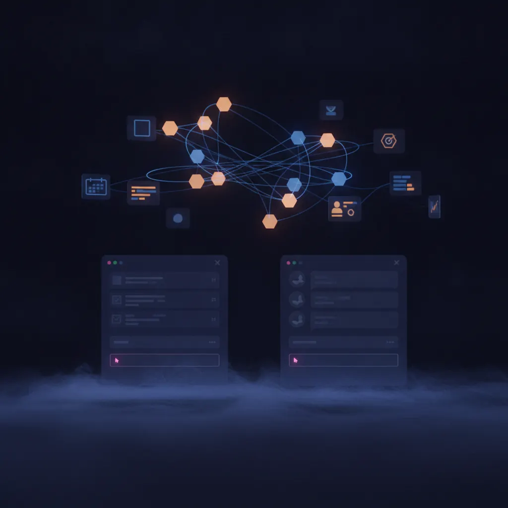 Dim indigo Gmail and Slack panels with idle pink cursors waiting in empty prompt fields, contrasted against a bright constellation of amber and blue hexagonal agent nodes orbiting above, autonomous data threads looping between calendar tiles, CRM records, and dashboards