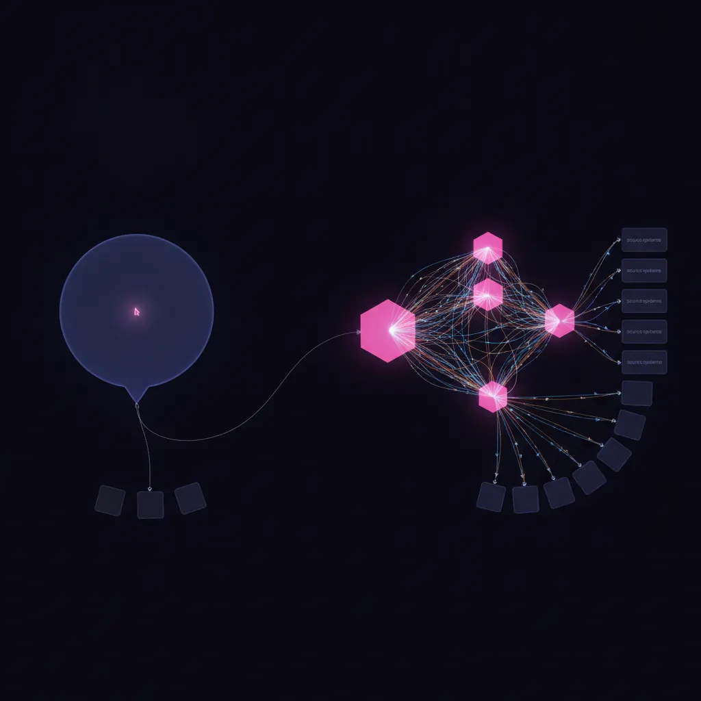 Split diagram, left half a dim static prompt bubble tethered to one dashboard tile, right half a bright weave of pink hexagonal function nodes fanning amber and blue data threads into seven source systems and eight recipient tiles
