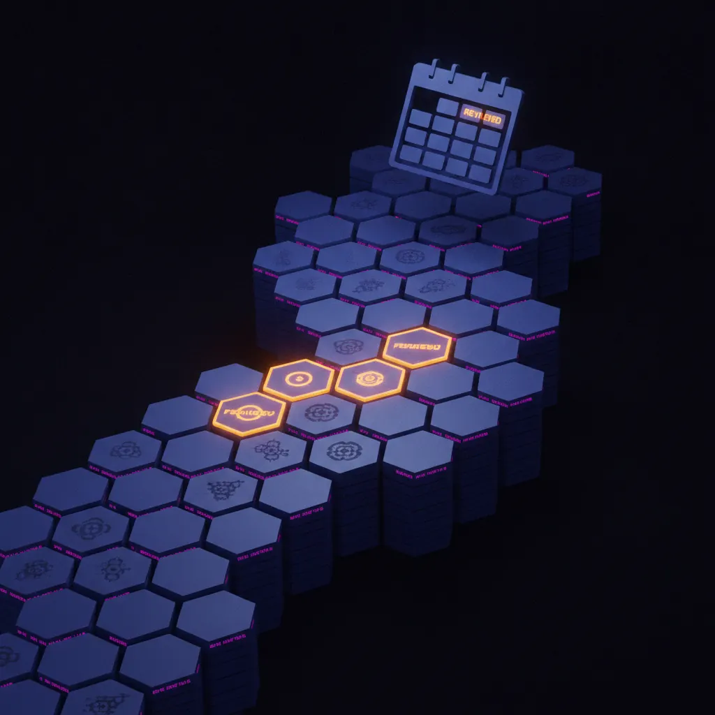 Dim indigo queue of 47 stacked SaaS contract tiles, six glowing amber as reviewed, 41 fading into cool blue with pink auto-renewal timers ticking on their edges, a floating geometric calendar hexagon casting amber light across the top row