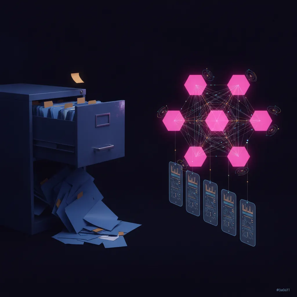Split composition, left half a rigid indigo filing cabinet drawer half open with cold blue folders spilling out and one amber sticky note flagged on top, right half a bright weave of pink hexagonal agent nodes reading amber and blue data threads pulled from seven stacked vendor contract panels