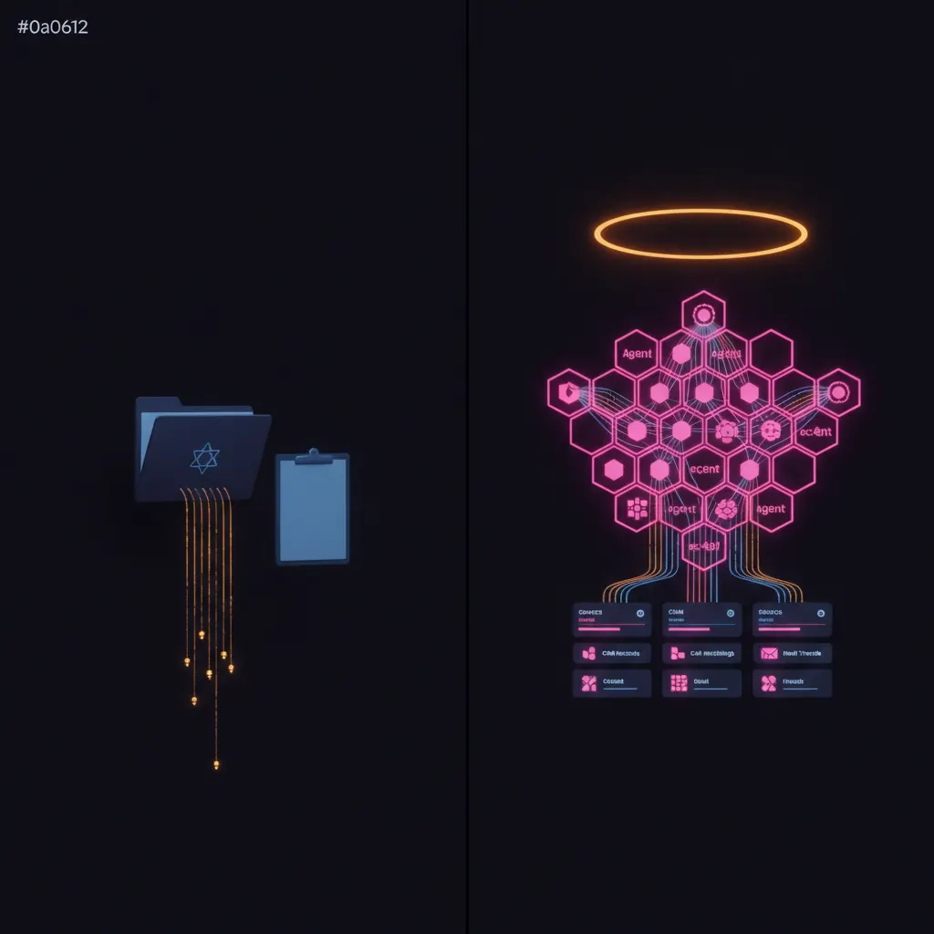 Left half a small indigo folder with six amber transcript ribbons trailing to a lonely blue clipboard, right half a pink hexagonal weave of agent nodes reading amber and blue threads from stacked CRM, call, and email panels, synthesizing into a bright amber pattern halo