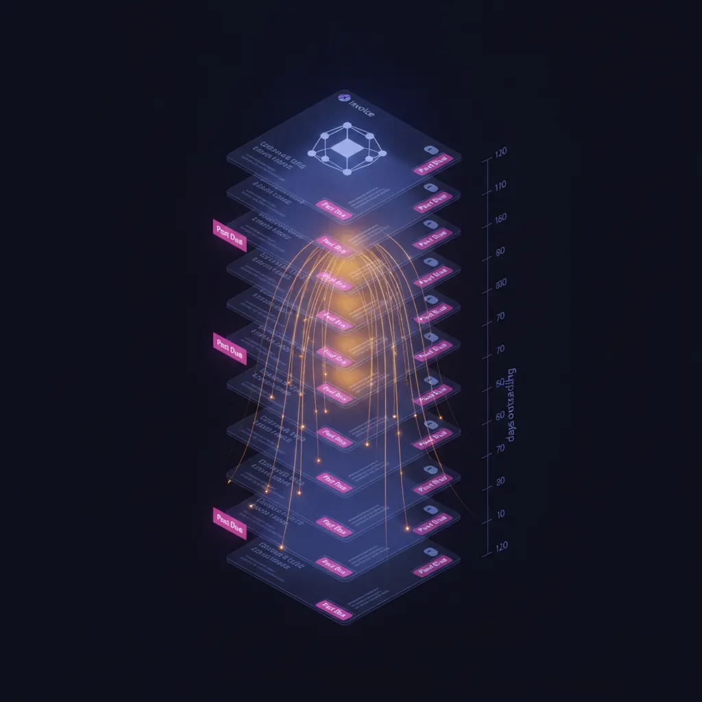 Cold indigo grid of 47 stacked invoice cards, six center cards glowing amber with pursuit threads to a CFO ledger node, 41 dim cards fading into blue with pink Past Due tags