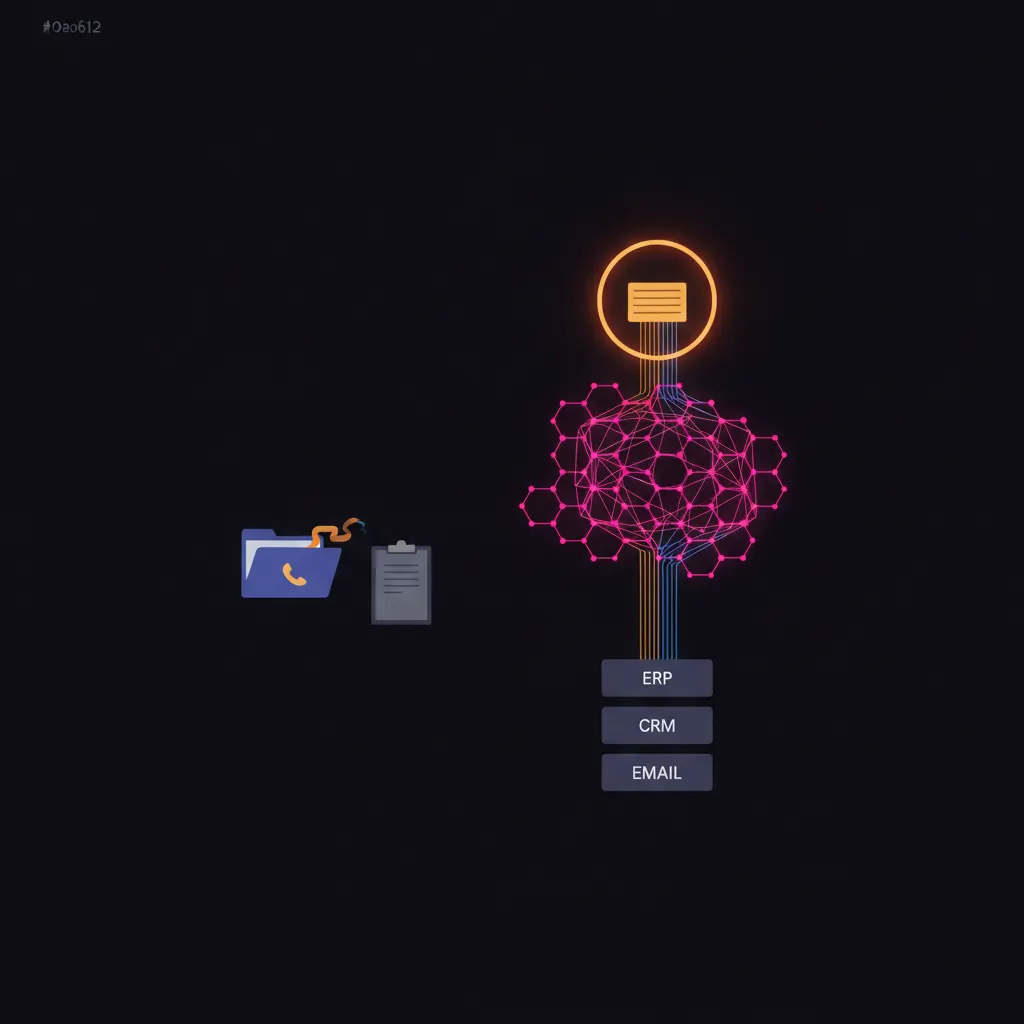 Left half a small indigo folder with a single amber phone-call ribbon and a static clipboard, right half a pink hexagonal weave of agent nodes reading amber and blue threads from stacked ERP, CRM, and email panels, converging into a bright amber cash-collection halo