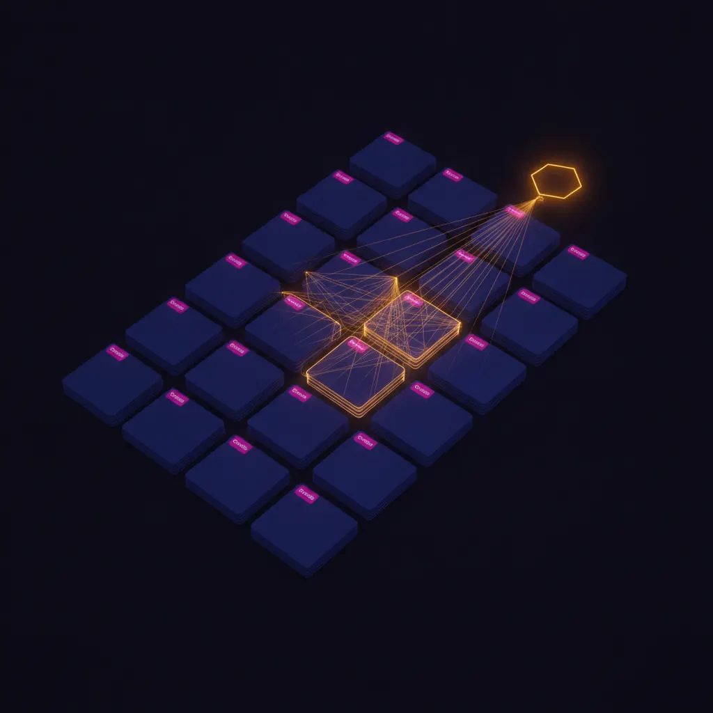 Cold indigo grid of 34 stacked RFP cards, six center cards glowing amber with answer-key threads to a hexagonal response node, 28 dim cards fading into blue with pink Overdue tags