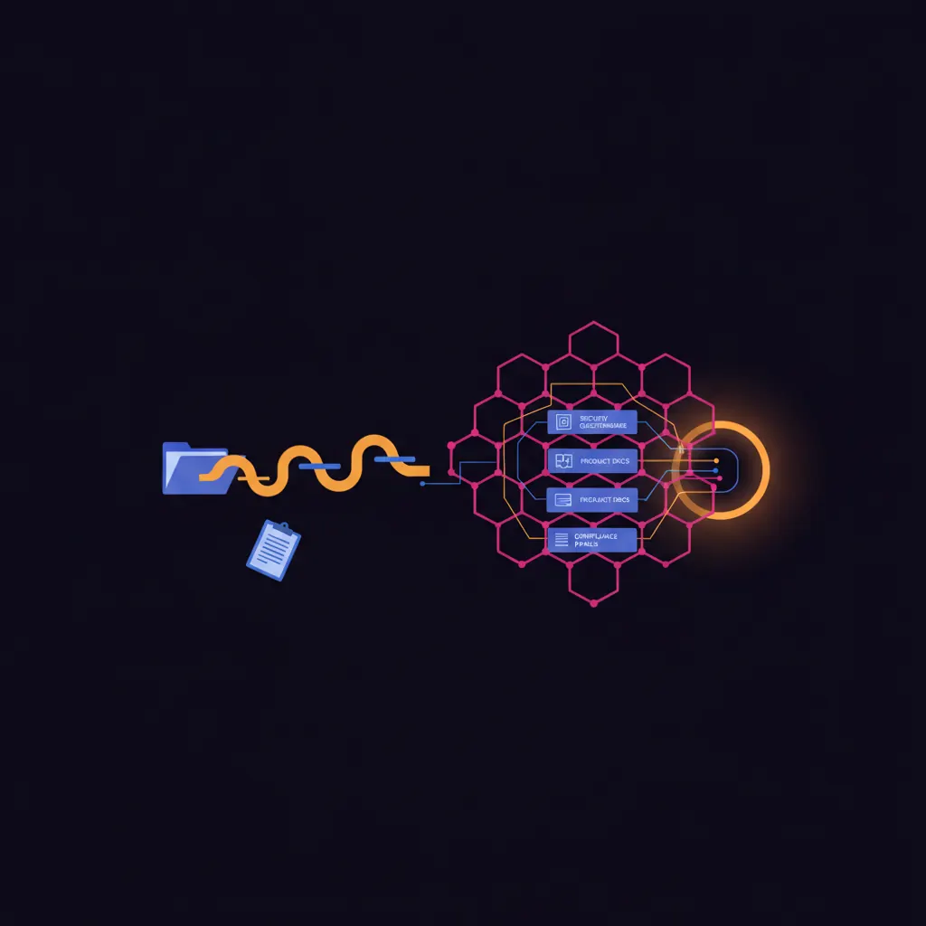Left half a small indigo folder with three amber question-mark ribbons trailing to a lonely blue clipboard, right half a pink hexagonal weave of agent nodes reading amber and blue threads from stacked security questionnaire, product docs, and compliance panels, synthesizing into a bright amber response halo