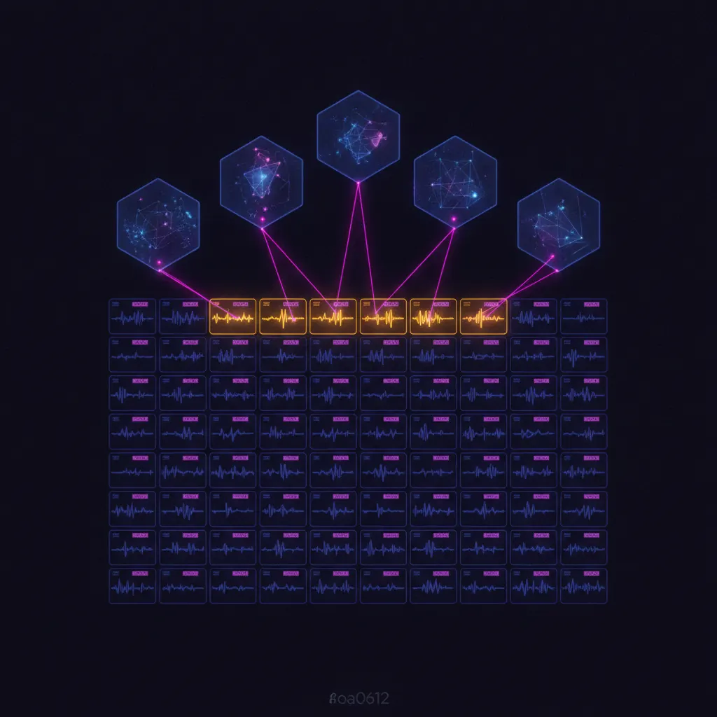 Cold indigo grid of 340 call waveform tiles, six center tiles glowing amber with pink threads feeding six hexagonal battlecard panels, surrounding tiles fading blue with faint Stale tags