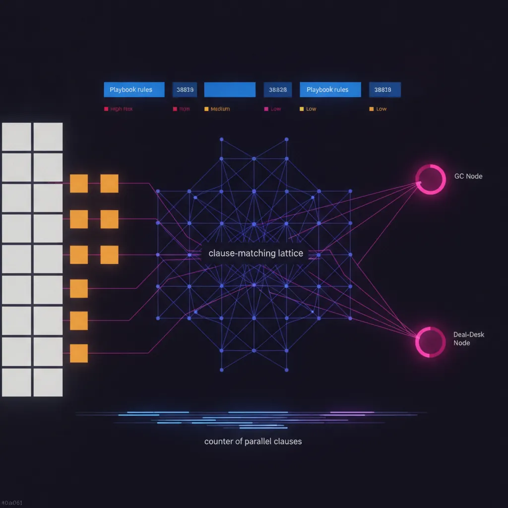 Central indigo clause-matching lattice with amber contract tiles flowing in from a vendor-paper grid, pink redline threads routing to GC and deal-desk nodes, blue playbook rules re-tagged against risk tiers, dark near-black backdrop