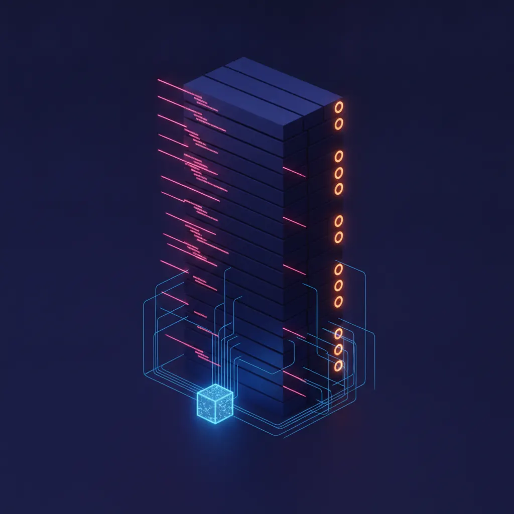 Towering indigo stack of ticket tiles representing an ad-hoc analytics request queue, pink SQL-query streaks slicing through only the top eleven tiles, amber deadline markers glowing along the right edge, blue warehouse-schema lattice threads routing from a central query engine, dark near-black backdrop