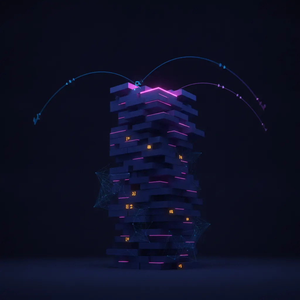 Indigo stack of help-center articles, cobwebs on the older tiles, only six top tiles freshly lit, amber version markers along a thin minority, blue query beams curving into empty space, dark near-black backdrop
