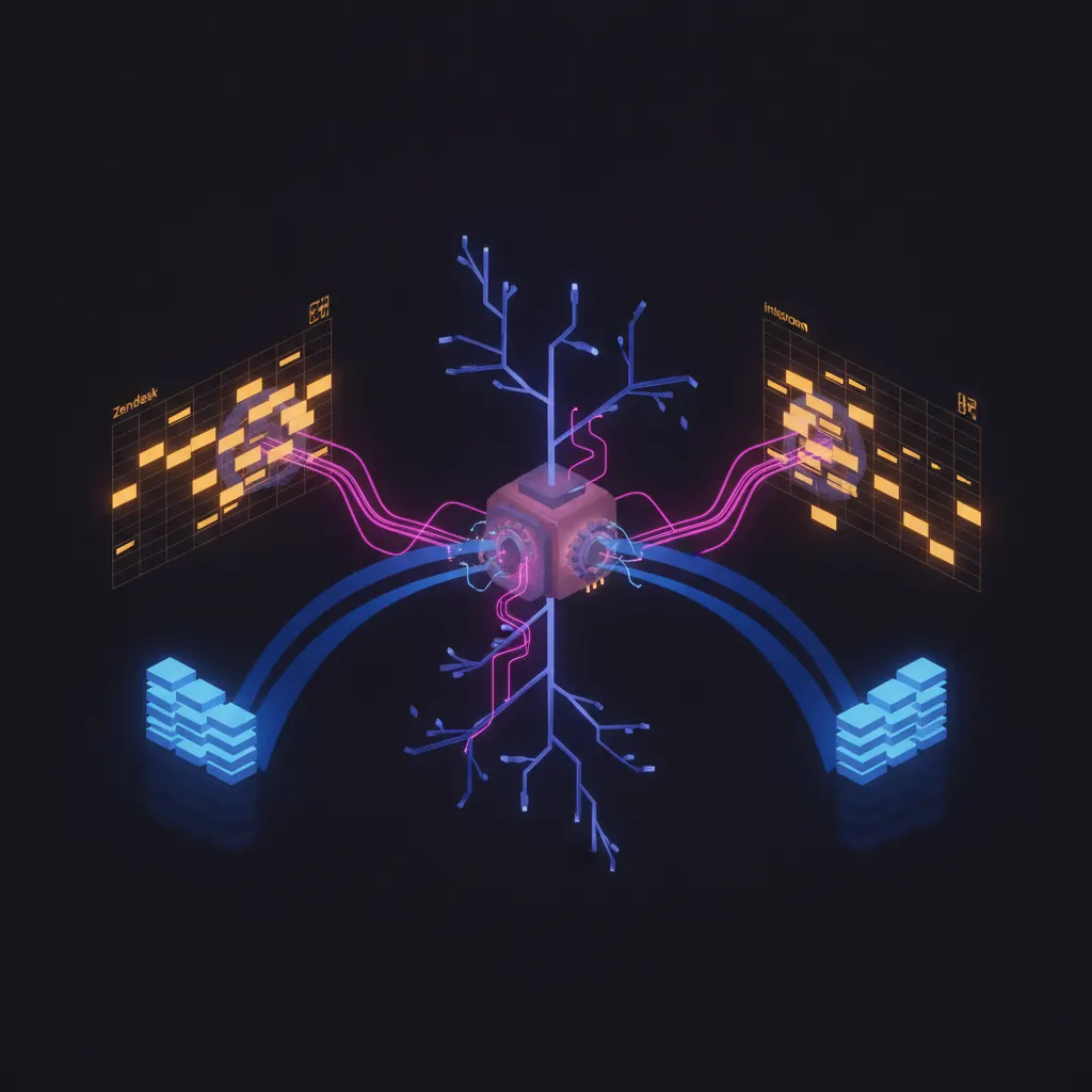 Central indigo knowledge-base lattice with amber ticket tiles flowing in from Zendesk and Intercom grids, pink article-draft threads routing to a central editorial engine, blue published-article beams returning to help-center shelves, dark near-black backdrop
