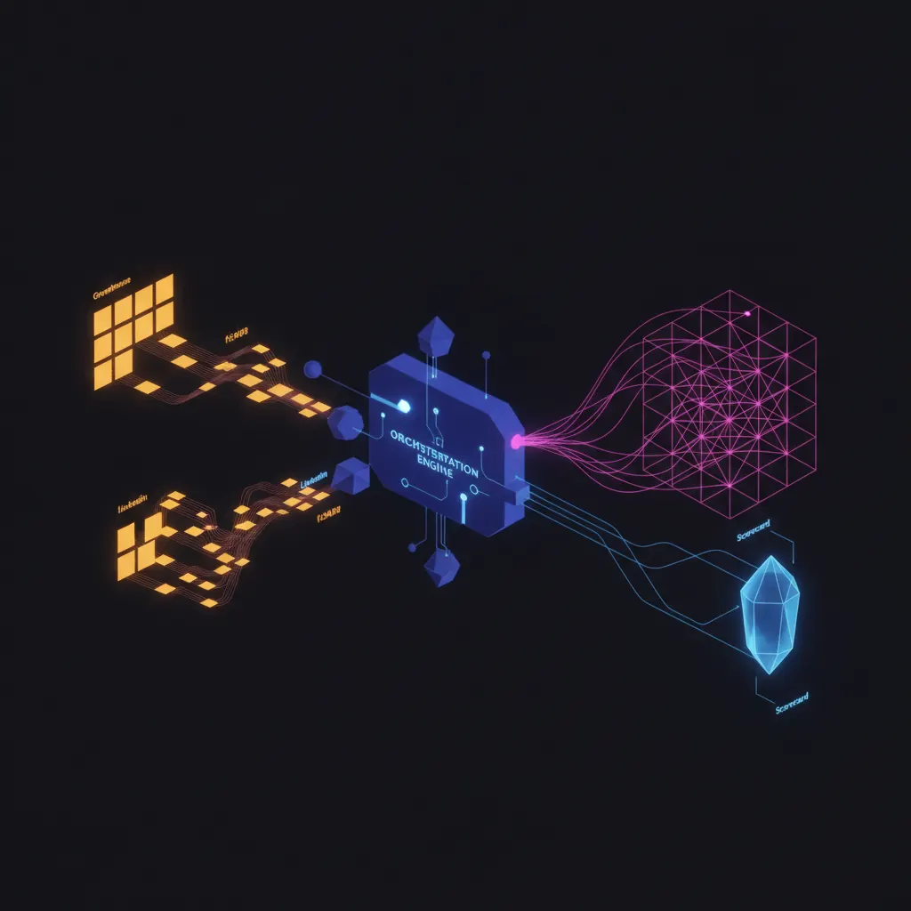 Central indigo recruiting engine with amber candidate tiles flowing in from Greenhouse and LinkedIn grids, pink interview-schedule threads routing to a hiring-manager calendar lattice, blue feedback beams returning to a scorecard crystal, dark near-black backdrop