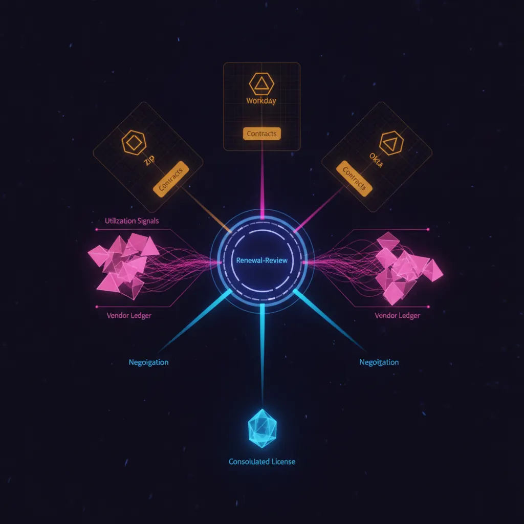 Central indigo renewal-review engine with amber contract tiles flowing in from Zip, Torii, and Okta grids, pink utilization-signal threads routing to a vendor ledger lattice, blue negotiation beams returning to a consolidated license crystal, dark near-black backdrop