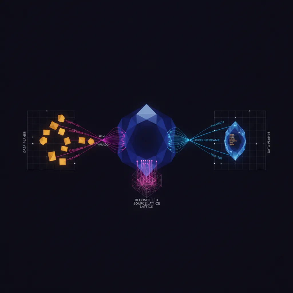 Central indigo attribution engine with amber campaign tiles flowing in from HubSpot and Salesforce grids, pink UTM threads routing to a reconciled source lattice, blue pipeline beams returning to a ranked ROI crystal, dark near-black backdrop