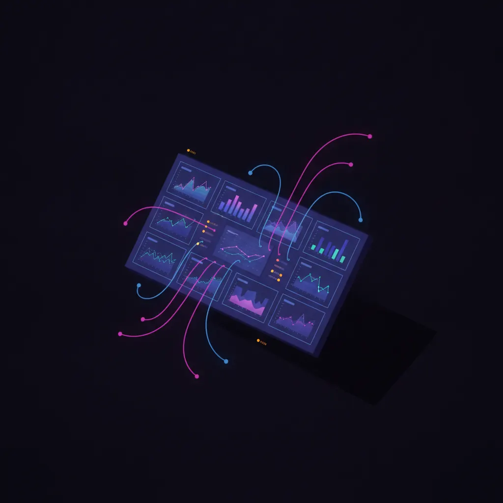 Isolated indigo BI dashboard panel glowing with eleven abstract chart tiles, pink data streams radiating outward unattached, blue query lines looping back into the panel, amber accent dots marking stale timestamps, deep shadow beside the dashboard where a reporting function should be, dark near-black backdrop
