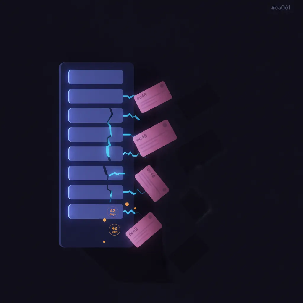 Isolated indigo CRM record panel glowing with eleven abstract stage tiles stacked vertically, pink deal cards drifting outward unattached and stale, blue momentum beams severed between stages, amber accent dots marking aged opportunities past 42 days, deep shadow beside the panel where a pipeline function should run, dark near-black backdrop