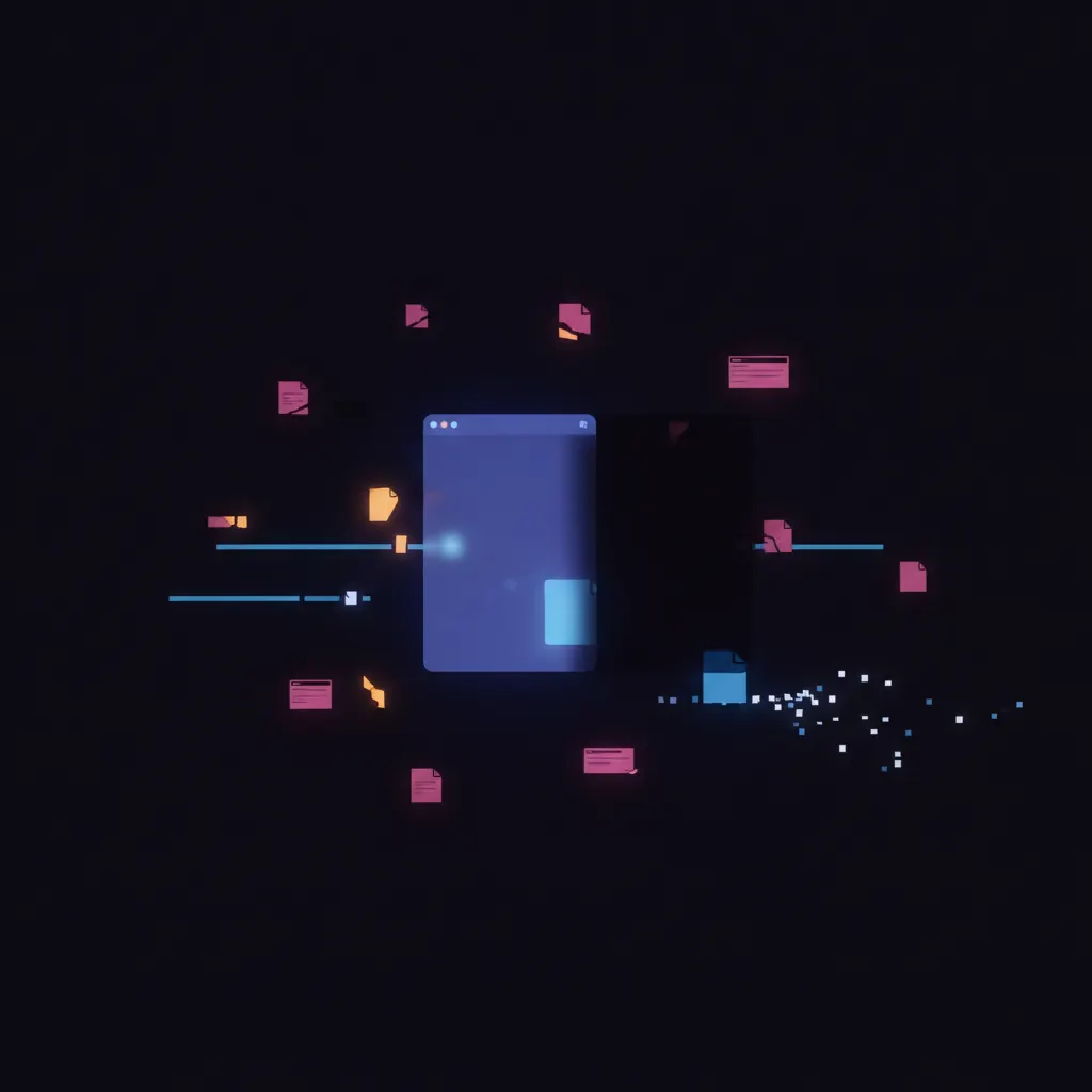 Isolated indigo Notion-style page panel glowing faintly, pink loose doc cards drifting outward unlinked and stale, scattered amber headings floating without a parent, blue index beams severed between pages, broken breadcrumb trails fading into empty space, deep shadow beside the panel where a knowledge function should run, dark near-black backdrop