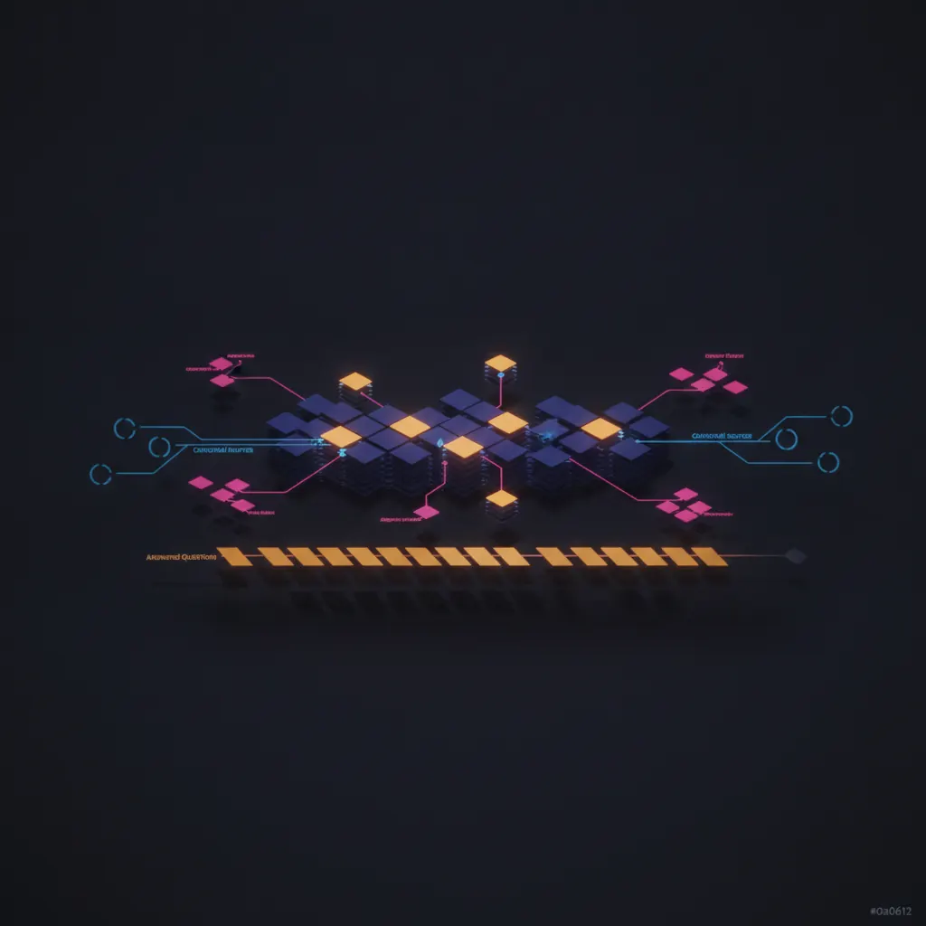 Central indigo knowledge engine shaped like a living index of stacked and interlinked doc tiles on a horizontal timeline, amber freshness tiles pulsing on scheduled review intervals, pink exception routes branching to owner queues and deprecation marks, blue canonical-source beams returning closed-loop markers, amber ledger of answered questions extending into shadow, dark near-black backdrop