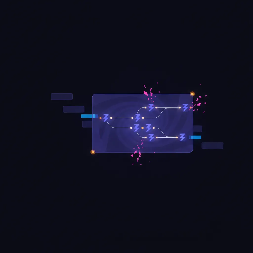 Isolated indigo workflow-builder panel glowing with linear chains of zap-shaped nodes connected by thin trigger wires, pink broken connectors drifting outward where steps failed silently, amber accent dots marking stalled runs past 48 hours, blue retry beams severed between stages, scattered orphan action blocks floating without ownership, deep shadow beside the panel where an automation function should run, dark near-black backdrop