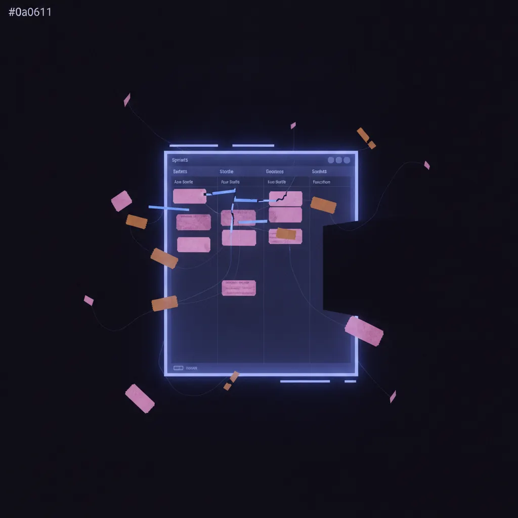 Isolated indigo kanban board panel glowing with pink ticket cards drifting outward unlinked and aging, amber labels floating without a parent epic, blue dependency beams severed between stories, broken sprint rails fading into empty space, scattered orphan subtasks, deep shadow beside the panel where a product function should run, dark near-black backdrop