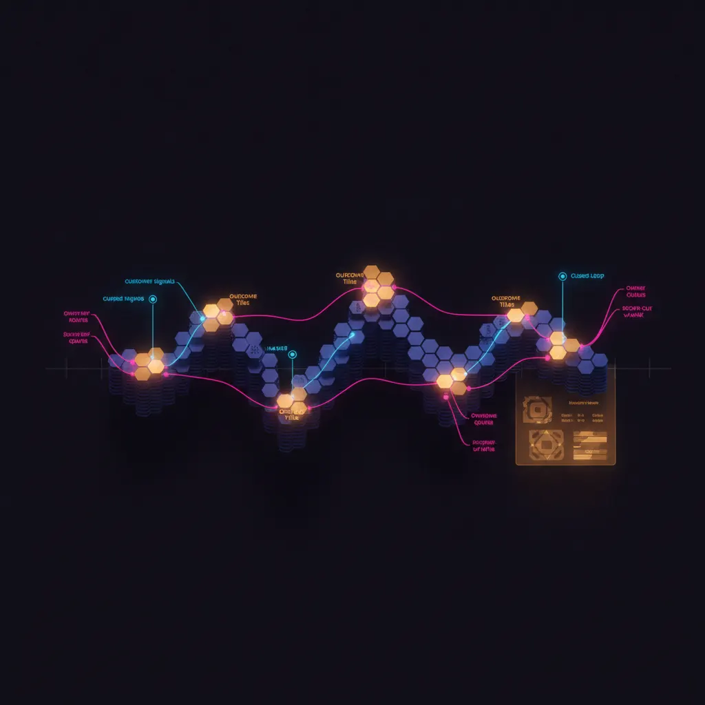 Central indigo product engine shaped like a living roadmap of stacked and interlinked epic tiles on a horizontal quarterly timeline, amber outcome tiles pulsing on scheduled review intervals, pink exception routes branching to owner queues and scope-cut marks, blue customer-signal beams returning closed-loop markers, amber ledger of shipped-value and cycle-time extending into shadow, dark near-black backdrop