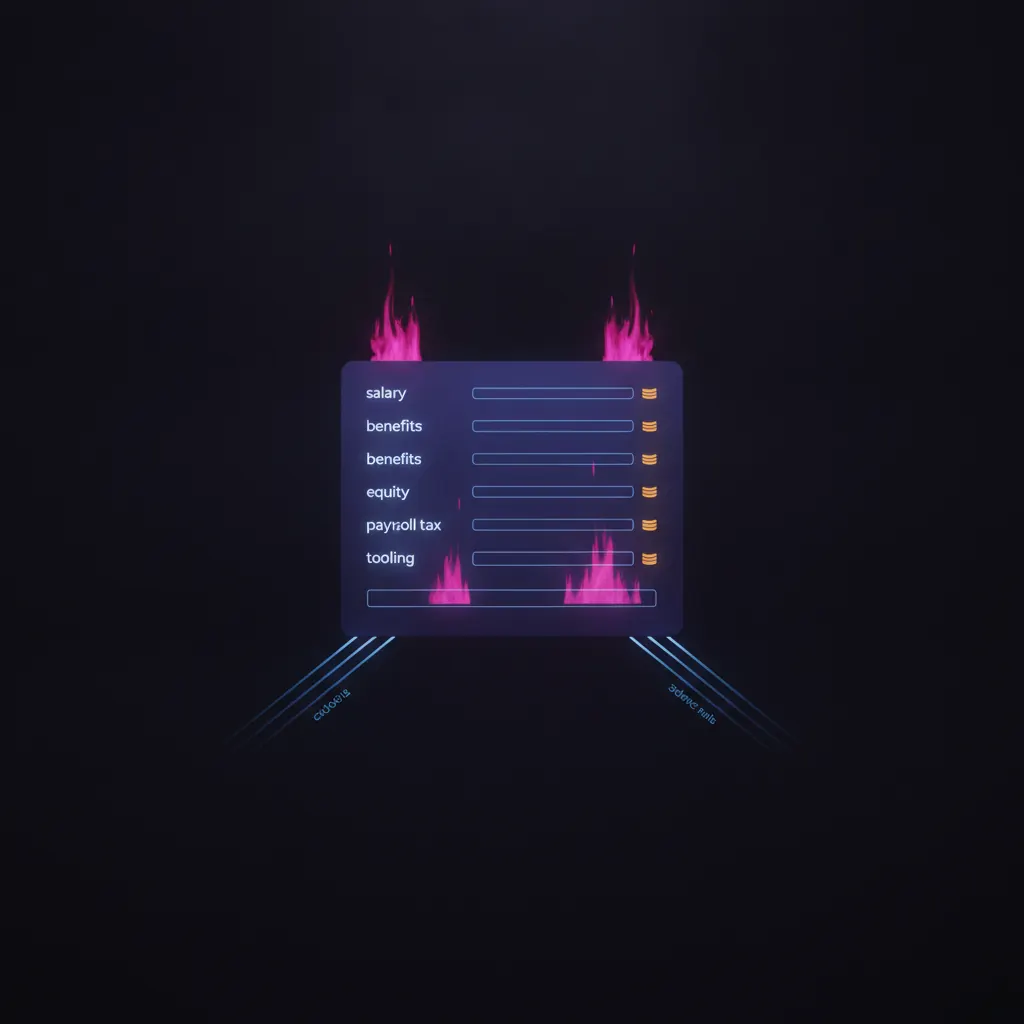 Isolated indigo ledger panel glowing with stacked line items of salary benefits equity payroll tax and tooling, amber accent coins marking loaded-cost multipliers, pink burn beams rising from empty rows, blue cadence rails extending into shadow where a decision function should sit, dark near-black backdrop