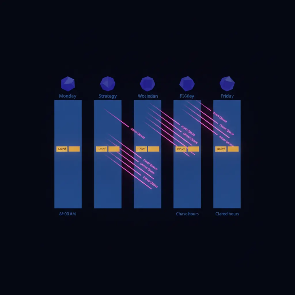 Isolated indigo weekly calendar panel glowing with blue cadence rails for Monday through Friday, amber brief tiles landing at 8:00 AM markers, pink exception beams branching to owner queues, indigo decision nodes sitting above the rails where strategy work lives, cleared negative space below each rail where chase hours used to sit, dark near-black backdrop