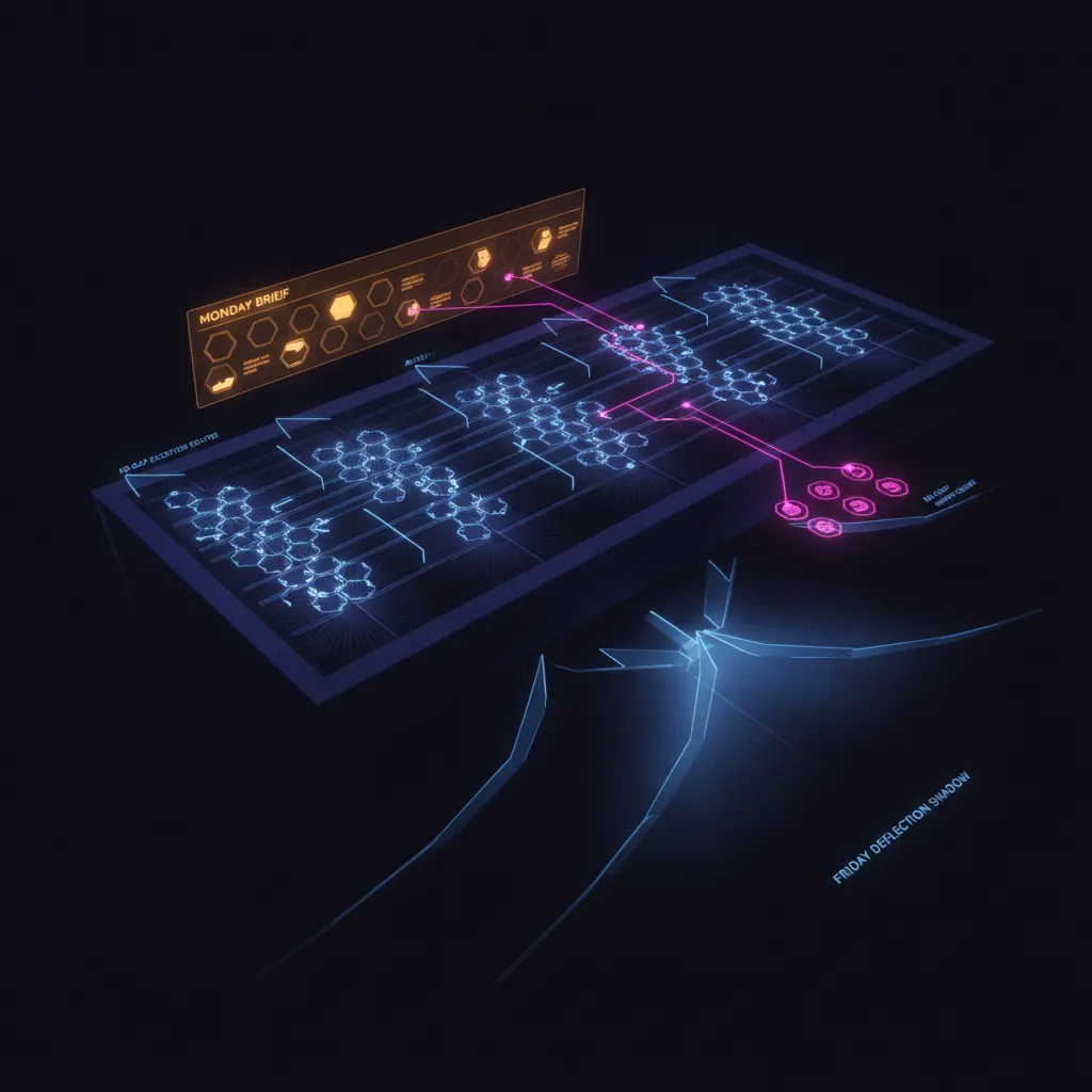 Central indigo support ops engine shaped like a horizontal ticket triage board with 420 ticket nodes flowing across intent gates, amber Monday brief panel hovering above with ranked escalation tiles, pink KB-gap exception routes branching to article owner queues, blue cadence rails extending into Friday deflection shadow, dark near-black backdrop