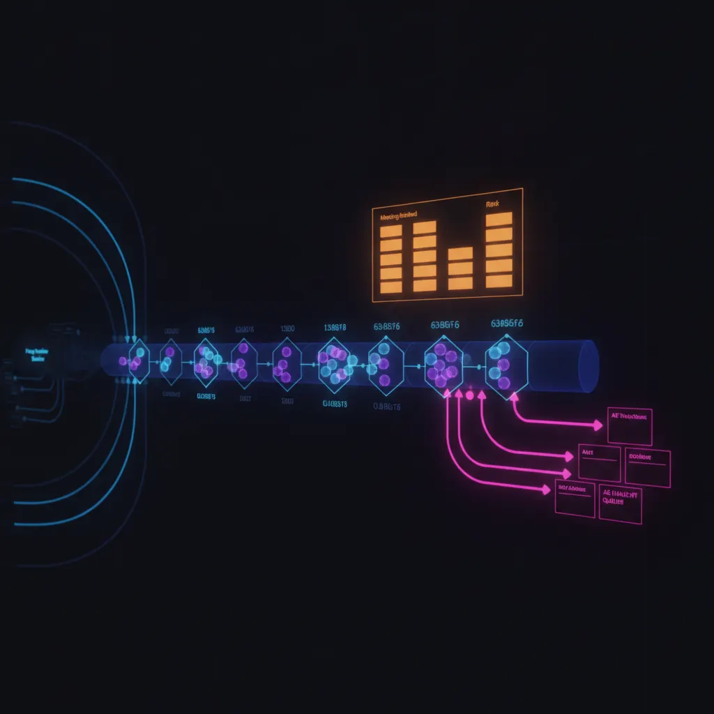 Central indigo SDR engine shaped like a horizontal prospecting pipeline board with 1200 account nodes flowing across qualification gates, amber Monday brief panel hovering above with ranked meeting-booked tiles, pink stale-sequence exception routes branching to AE handoff queues, blue cadence rails extending into Friday pipeline shadow, dark near-black backdrop