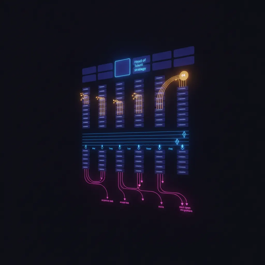 Isolated indigo hiring pipeline control panel glowing with 240 stacked candidate tiles across 11 requisition columns, amber stage-advance beams rising from 94 tiles that resolve to an offer-signed node, pink exception rails branching from 42 stale requisitions that fade into shadow, blue cadence rails across Monday through Friday markers, dark near-black backdrop