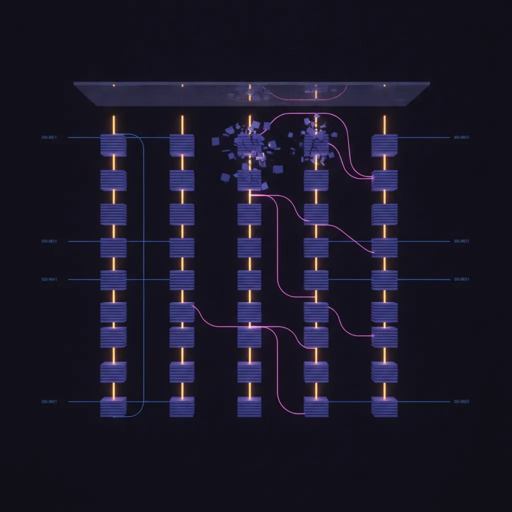 Isolated indigo data lineage panel glowing with 420 stacked dbt model tiles across six warehouse schemas, amber freshness beams rising from 94 downstream metric nodes that resolve to a Thursday brief surface, pink exception rails branching from 42 broken models that fade into shadow, blue cadence rails across Monday through Friday markers, dark near-black backdrop