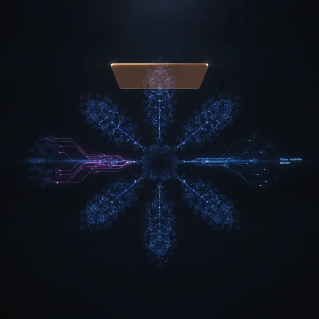 Central indigo data engine shaped like a lineage DAG with 420 model nodes resolving across six schema branches, amber Thursday metric brief panel hovering above, pink anomaly routes branching into source-table queues, blue cadence rails extending into Friday reliability shadow, dark near-black backdrop