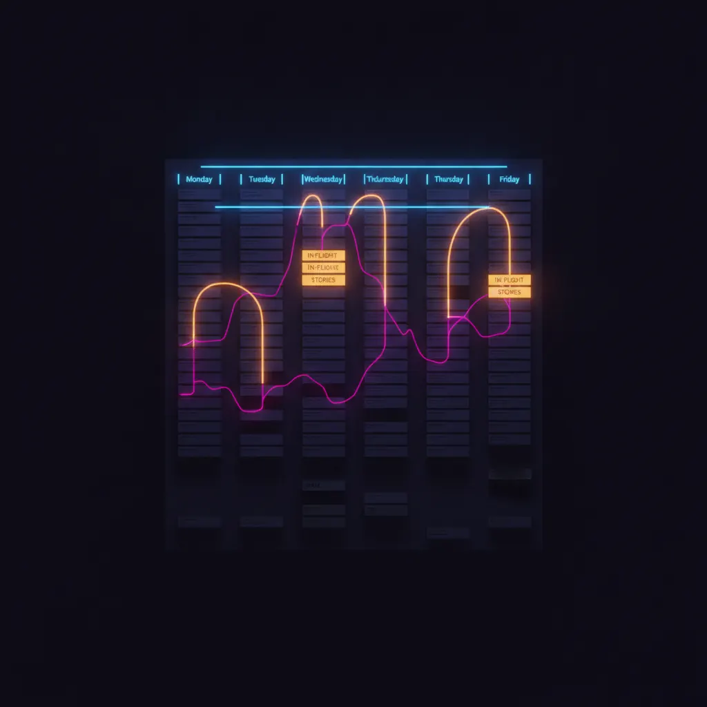 Isolated indigo issue-tracker panel glowing with 2400 stacked ticket tiles across six squads, amber cycle-time beams rising from 94 in-flight stories, pink exception rails branching from 240 stale tickets fading into shadow, blue cadence rails across Monday through Friday sprint markers, dark near-black backdrop