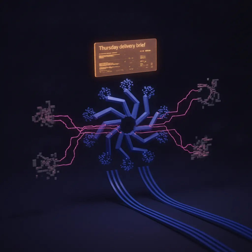 Central indigo engineering-cadence engine shaped like a stacked sprint graph with 94 story nodes resolving across six squad branches, amber Thursday delivery brief panel hovering above, pink blocker routes branching into stale-ticket queues, blue cadence rails extending into Friday retrospective shadow, dark near-black backdrop