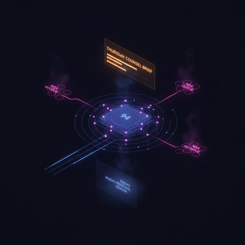 Central indigo contract-review engine shaped like a layered clause graph with 94 flagged clause nodes resolving across six risk categories, amber Thursday counsel-brief panel hovering above, pink exception routes branching into NDA and MSA queue clusters, blue cadence rails extending into Friday renewal-ledger shadow, dark near-black backdrop