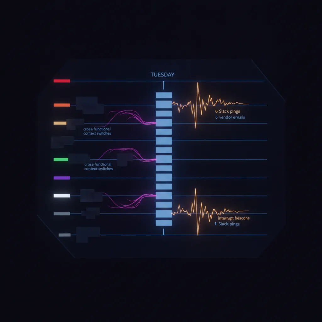 Isolated indigo executive calendar panel glowing with eleven stacked hour-blocks on a Tuesday timeline, amber interrupt beacons spiking between the blocks, pink exception rails branching into shadow across cross-functional context switches, blue cadence rails stretching across six function headers, dark near-black backdrop