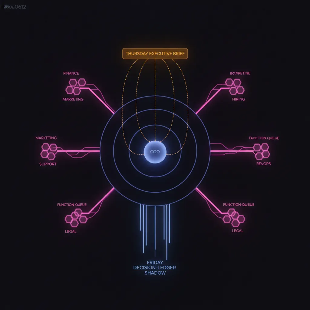 Central indigo operating-cadence engine shaped like six concentric function rings resolving around a single COO node, amber Thursday executive brief panel hovering above with six synthesized exception lines, pink interrupt routes branching into function-queue clusters, blue cadence rails extending into Friday decision-ledger shadow, dark near-black backdrop