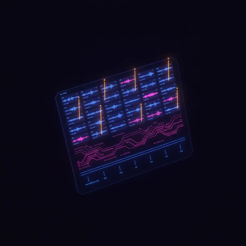 Isolated indigo call-recording library panel glowing with 1,840 stacked waveform tiles across 11 AE lanes, amber coaching beams rising from 42 flagged moments, pink exception rails branching from 320 unreviewed calls fading into shadow, blue cadence rails across Monday through Friday rep development markers