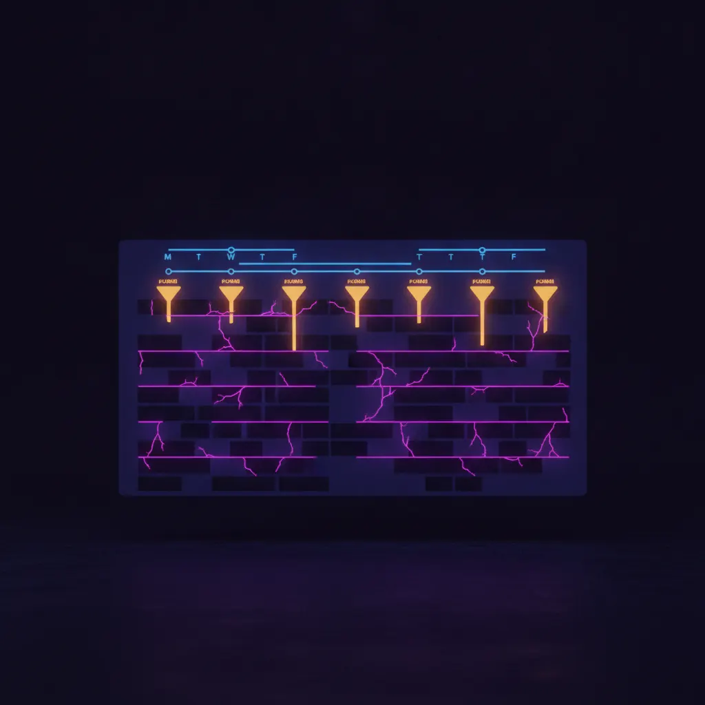 Isolated indigo product-analytics event-stream panel glowing with 420 stacked event-tile rows across a 30-day timeline, 68 unmapped tiles rendered in dim shadow with pink exception rails branching away, amber funnel beams rising from 14 flagged funnel paths, blue cadence rails stretching across Monday through Friday roadmap-review markers