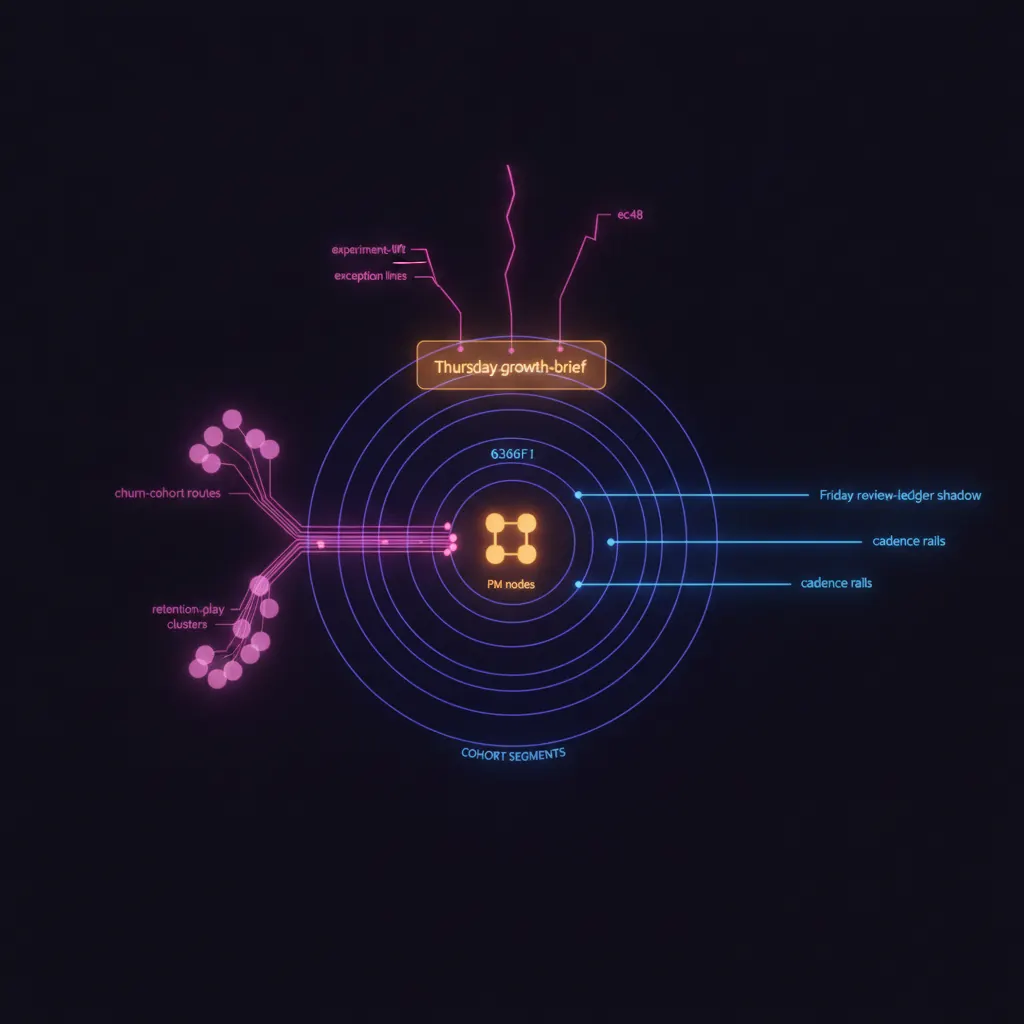 Central indigo product-analytics engine shaped like concentric cohort rings resolving around four PM nodes, amber Thursday growth-brief panel hovering above with three experiment-lift exception lines, pink churn-cohort routes branching into retention-play clusters, blue cadence rails extending into Friday review-ledger shadow